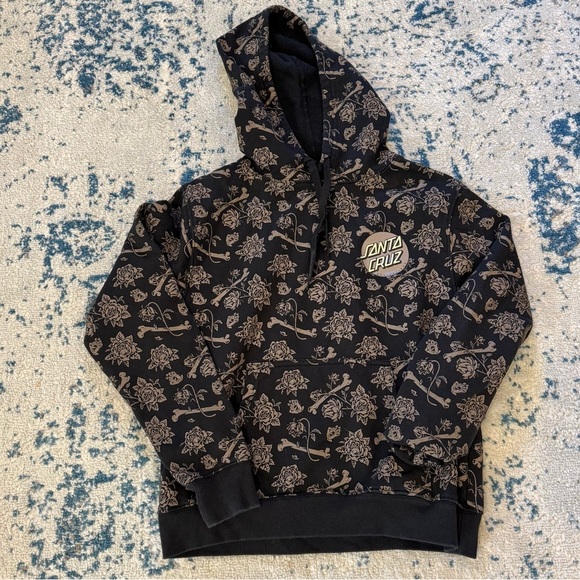 Women’s size small Santa Cruz pull over hoodie black bronze bones roses logo - Picture 1 of 8